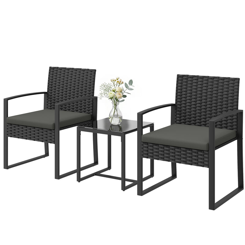 Outsunny - Outdoor Bistro Set, 3 Piece Wicker Patio Furniture Set with Glass Top Table and Cushions for Porch, Balcony, Dark Grey