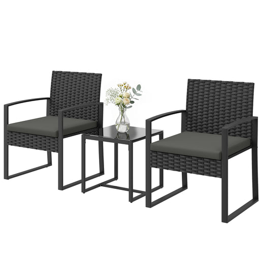 Outsunny - Outdoor Bistro Set, 3 Piece Wicker Patio Furniture Set with Glass Top Table and Cushions for Porch, Balcony, Dark Grey