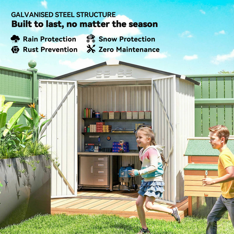 6.5' x 4' Outdoor Storage Shed, Metal Garden Shed with Lockable Double Doors, 4 Vents, Silver-White