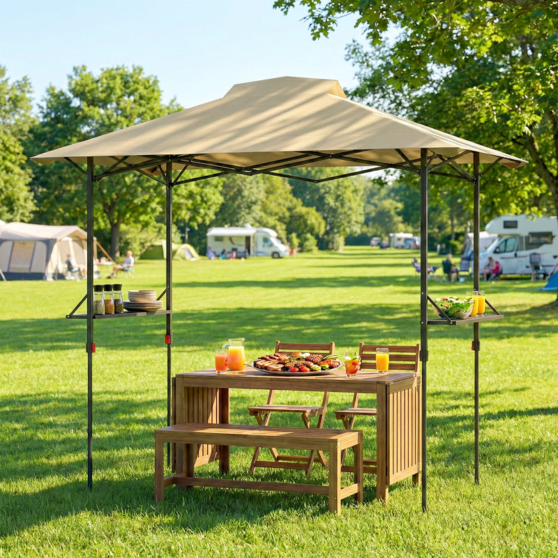 Outsunny - 5 x 8.5 ft Pop Up Grill Gazebo with 2 Shelves, UPF 50+ Outdoor Instant Canopy Portable Shelter with Carry Bag, Khaki