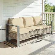 Outsunny - 3-Seater Outdoor Couch, PE Wicker Patio Sofa with Deep Seat, Wood-Effect Aluminum Armrests, Cushions, Khaki