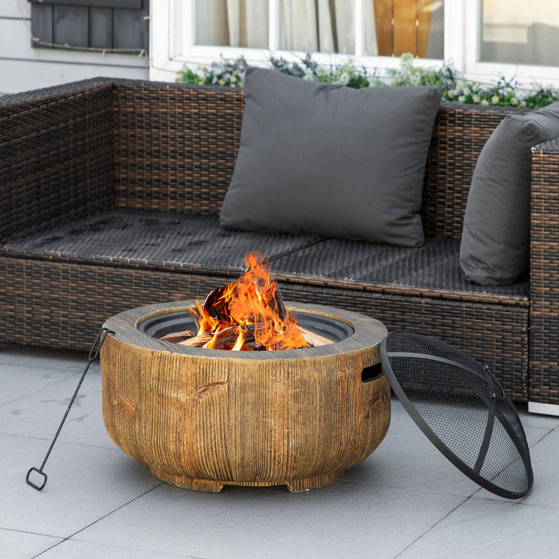Outsunny - Outdoor Fire Pit, 24 Inch Metal Wood Burning Fireplace with Spark Cover, Poker, Woodgrain Design, Light Brown
