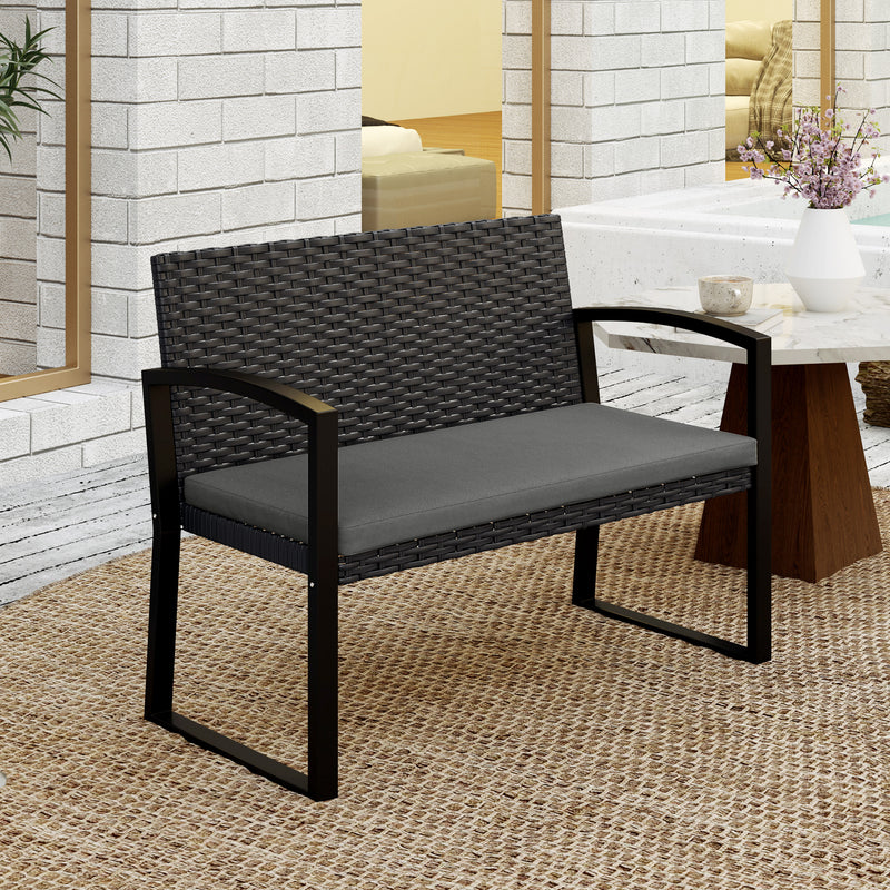 Outsunny - 2 Seater Outdoor Bench, Rattan Garden Bench Loveseat with Cushion, Armrests, Steel Frame for Patio, Porch, Light Grey