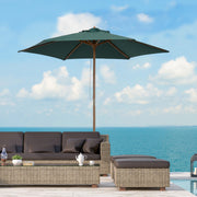 8FT Wood Market Umbrella Patio Umbrella Round Garden Parasol Canopy with Bamboo Ribs and Top Vent, Dark Green