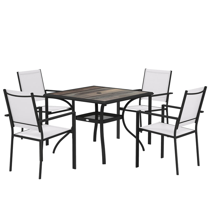Outsunny - 5 Piece Outdoor Patio Dining Set, Dining Table and 4 Stackable Chairs with Umbrella Hole, Shelf