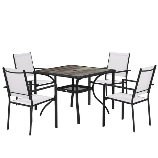 Outsunny - 5 Piece Outdoor Patio Dining Set, Dining Table and 4 Stackable Chairs with Umbrella Hole, Shelf