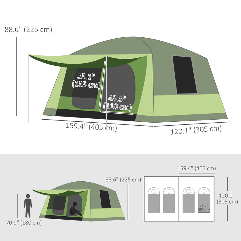 Outsunny - Tunnel Tent Camping Shelter w/ Porch, Two Rooms, Lamp Hook, Portable Carry Bag, Green