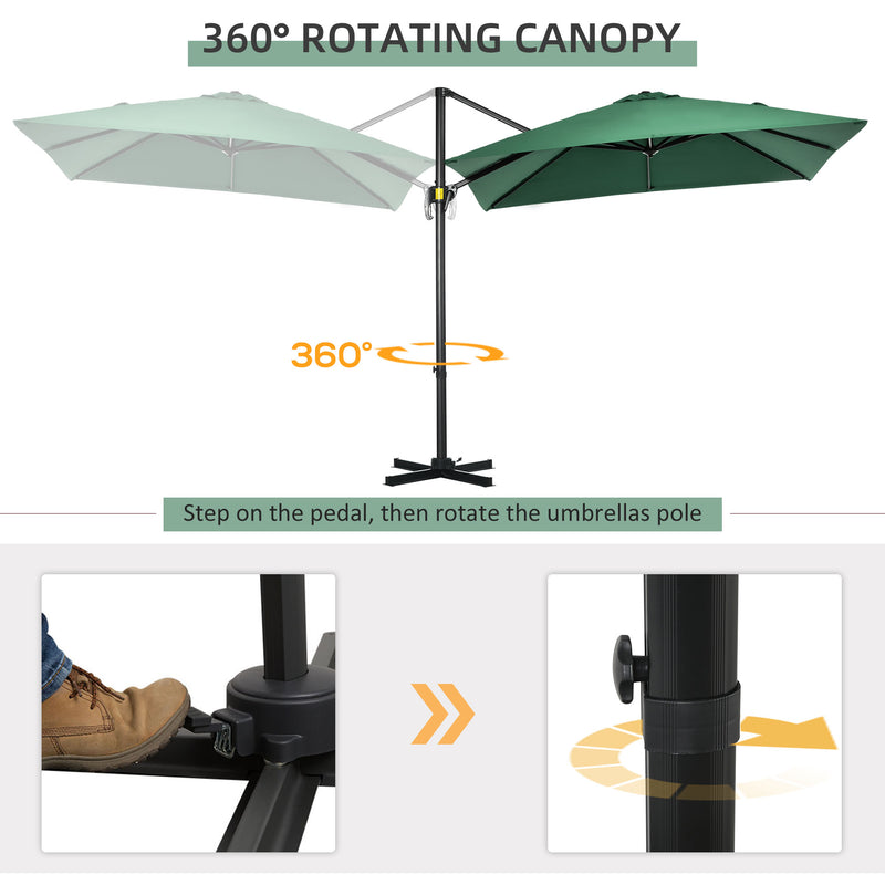 Outsunny - 8' x 8' Square Cantilever Umbrella with 360° Rotation, Aluminum Outdoor Cantilever Market Parasol with Crank & Tilt, Garden Sun Canopy Shelter with Cross Base, Green — 84D-051V00GN