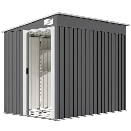 5'x7' Lean to Galvanized Metal Shed with Foundation, Garden Tool Storage House with Sliding Door and 2 Vents, Dark Grey