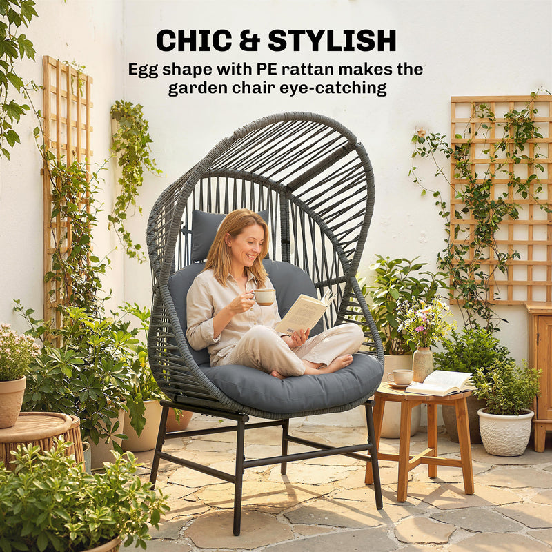 Outsunny - Wicker Egg Chair, 330 lbs Outdoor Rattan Lounge Chair with Thick Cushion, Headrest, Steel Frame, Dark Grey