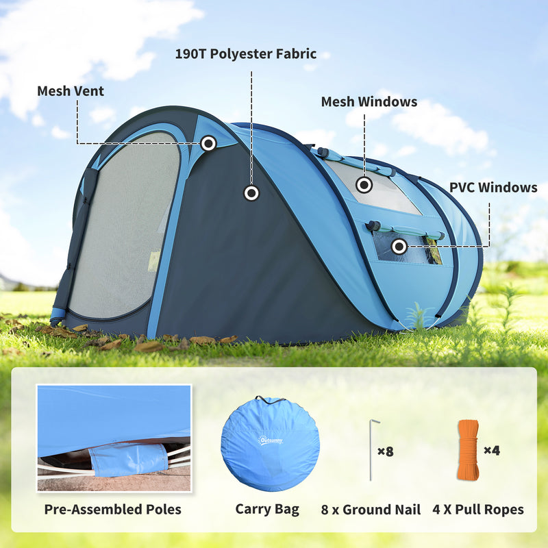 Outsunny - 4 Person Camping Tent, Easy Pop Up Tent with Doors, Windows and Carry Bag, Automatic Setup Tent for Hiking, Blue