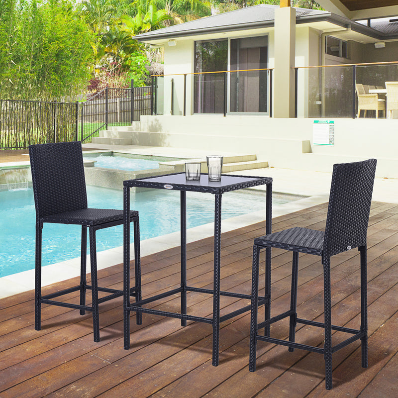 Outsunny - 3 Piece Patio Bar Set Wicker Rattan Garden Bistro Set Barstool and Table for Patio Backyard Balcony Poolside, Black