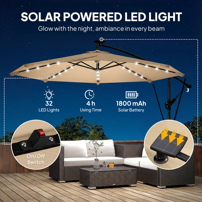 9.7ft Solar LED Cantilever Patio Umbrella with 32 LED Lights, Cross Base, Crank Handle, for Poolside, Deck, Khaki