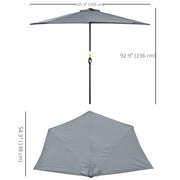 9ft Half Round Patio Umbrella, Outdoor Market Patio Table Umbrella Parasol with Crank Mechanism, 5 Ribs, Grey
