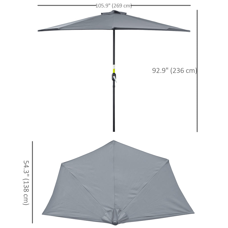 9ft Half Round Patio Umbrella, Outdoor Market Patio Table Umbrella Parasol with Crank Mechanism, 5 Ribs, Grey