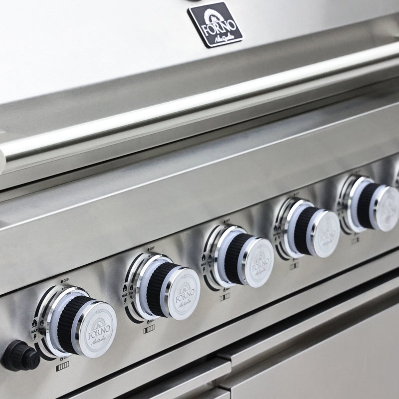 FORNO Bulnes 40-Inch BBQ, 95,000 BTU, 5 Burners, Sear & Rotisserie Infrared with Side Burner, Stainless Steel Outdoor Kitchen with 1.8 cu.ft. Beverage Center & Black Granite Countertops