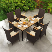 Costway - Outdoor Dining Set for 6 Patio Wicker Armchairs and Acacia Wood Table