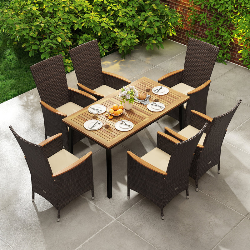 Costway - Outdoor Dining Set for 6 Patio Wicker Armchairs and Acacia Wood Table