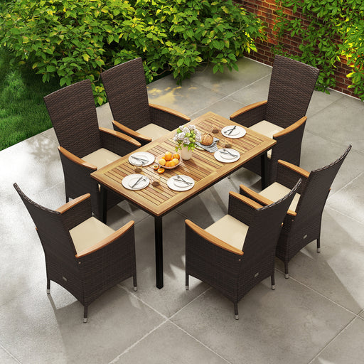 Costway - Outdoor Dining Set for 6 Patio Wicker Armchairs and Acacia Wood Table