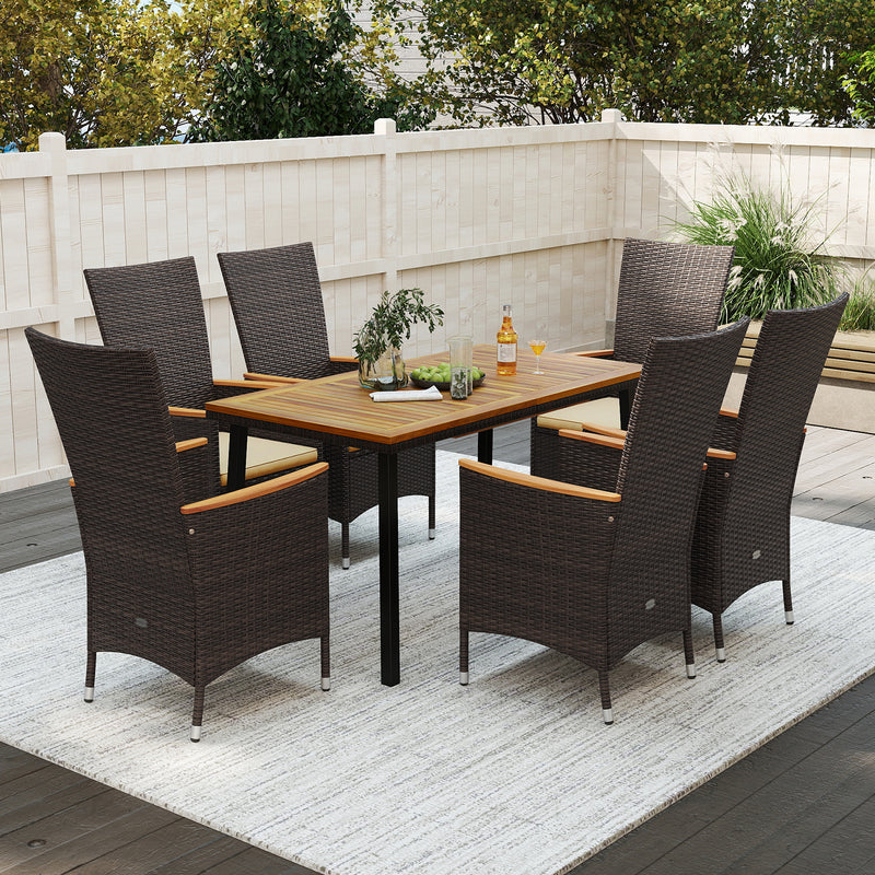 Costway - Outdoor Dining Set for 6 Patio Wicker Armchairs and Acacia Wood Table