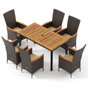 Costway - Outdoor Dining Set for 6 Patio Wicker Armchairs and Acacia Wood Table