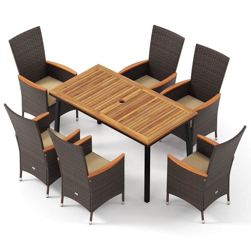 Costway - Outdoor Dining Set for 6 Patio Wicker Armchairs and Acacia Wood Table