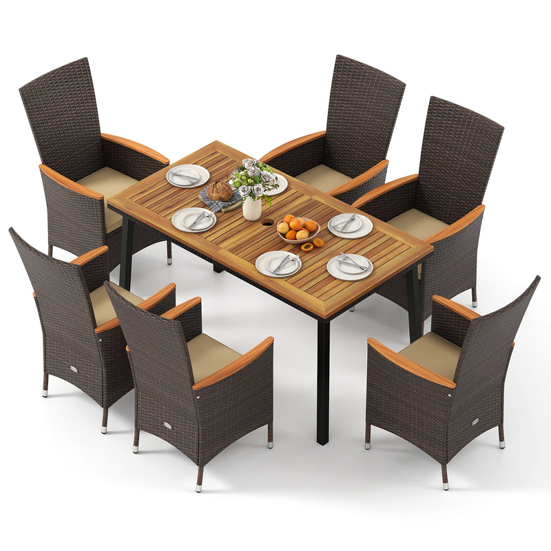 Costway - Outdoor Dining Set for 6 Patio Wicker Armchairs and Acacia Wood Table