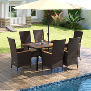 Costway - Outdoor Dining Set for 6 Patio Wicker Armchairs and Acacia Wood Table