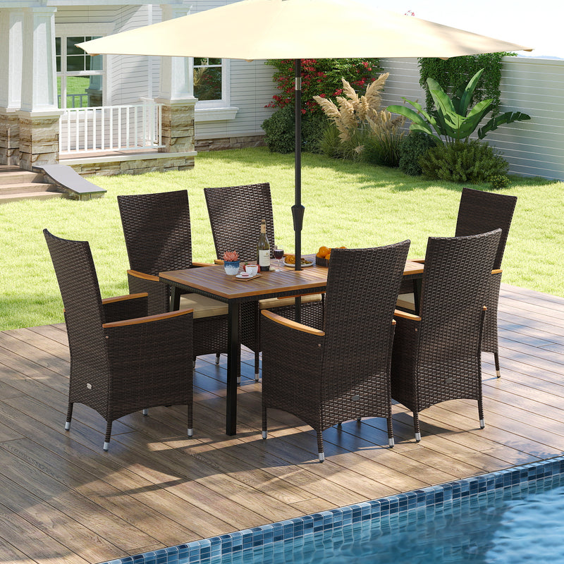 Costway - Outdoor Dining Set for 6 Patio Wicker Armchairs and Acacia Wood Table