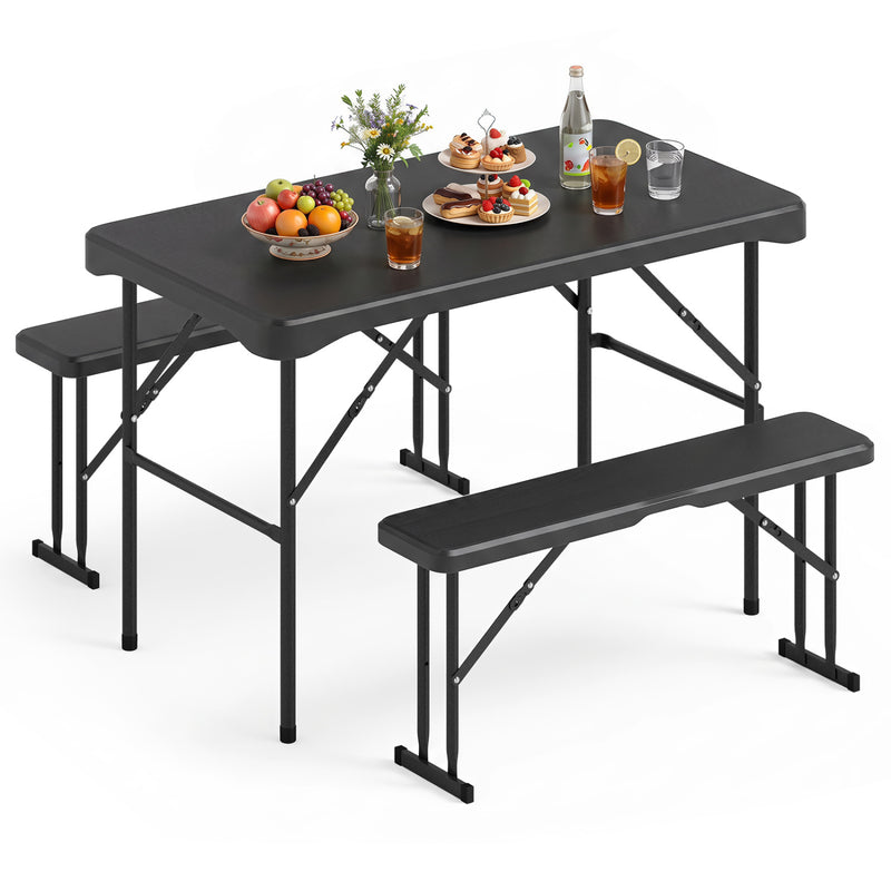 Costway - Outdoor Folding Table Bench Set w All-Weather HDPE Tabletop and Sturdy Metal Frame-Black