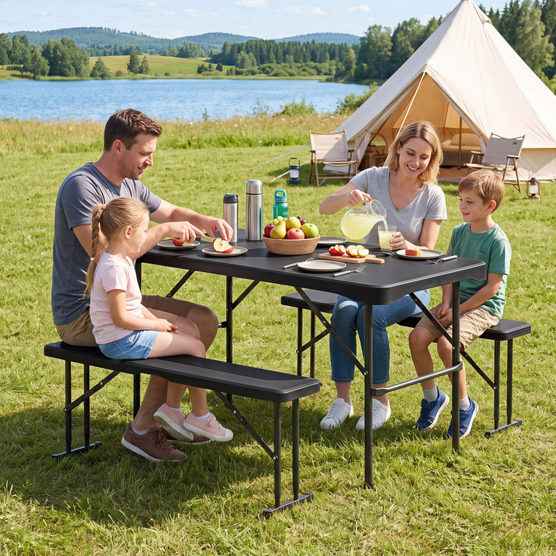 Costway - Outdoor Folding Table Bench Set w All-Weather HDPE Tabletop and Sturdy Metal Frame-Black