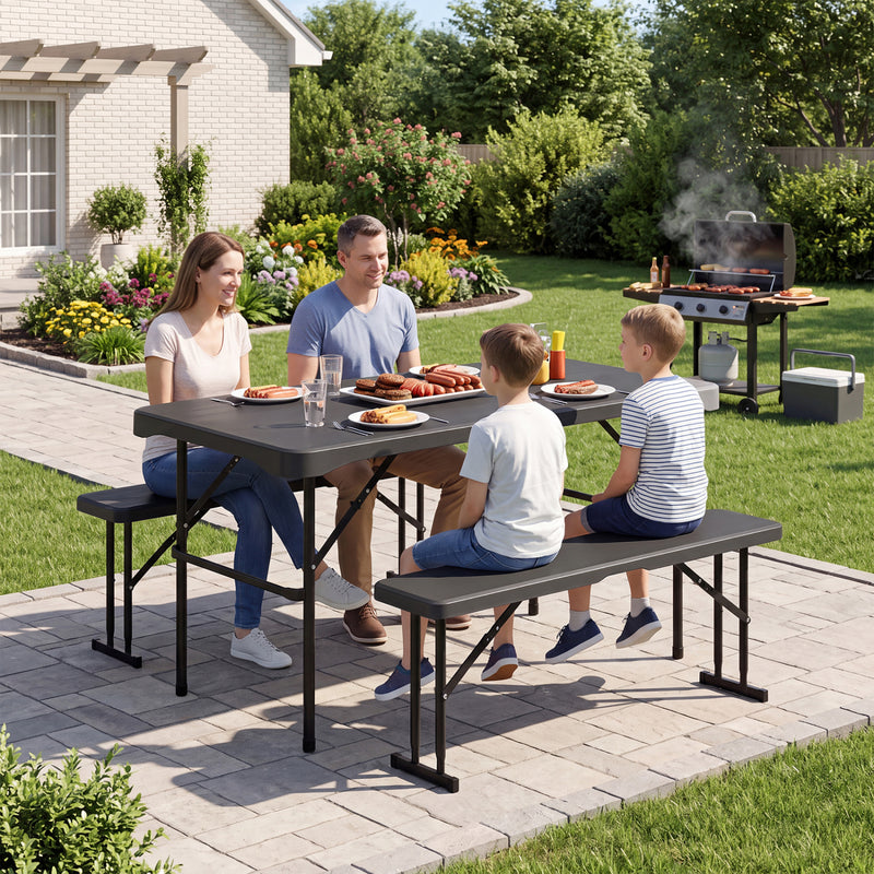 Costway - Outdoor Folding Table Bench Set w All-Weather HDPE Tabletop and Sturdy Metal Frame-Black