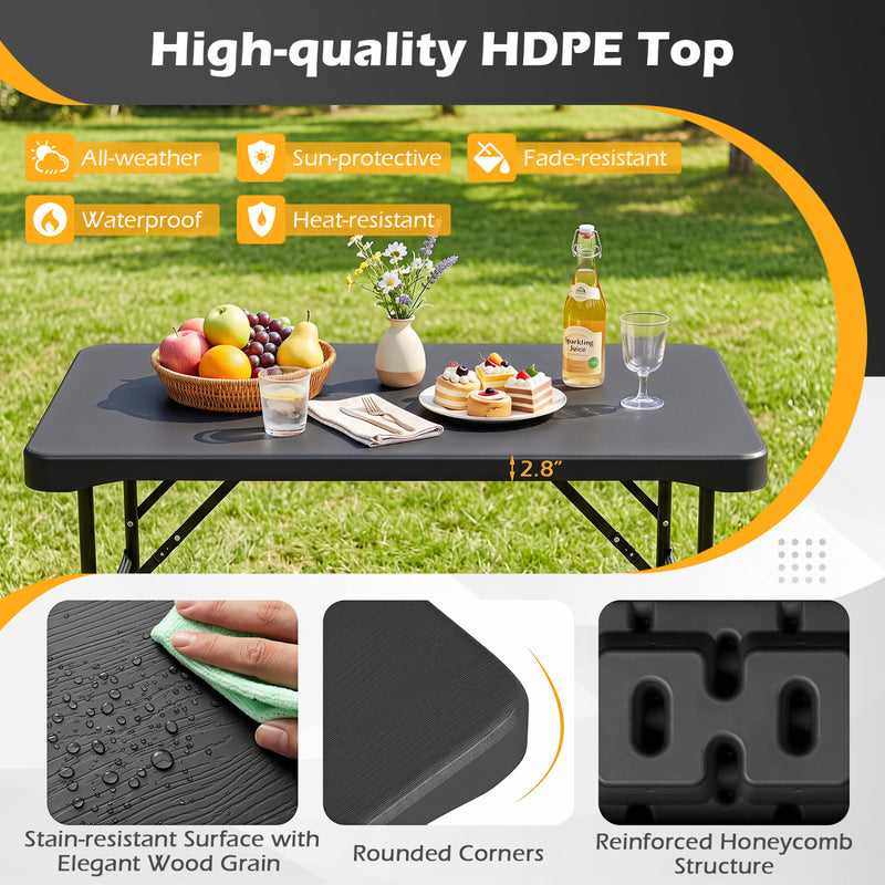 Costway - Outdoor Folding Table Bench Set w All-Weather HDPE Tabletop and Sturdy Metal Frame-Black
