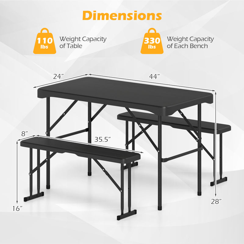 Costway - Outdoor Folding Table Bench Set w All-Weather HDPE Tabletop and Sturdy Metal Frame-Black