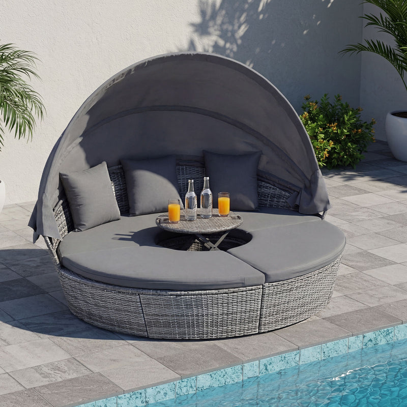 Costway - Outdoor PE Wicker Round Daybed with Retractable Canopy and Cushions-Gray
