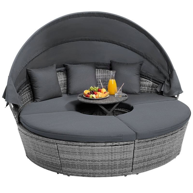 Costway - Outdoor PE Wicker Round Daybed with Retractable Canopy and Cushions-Gray