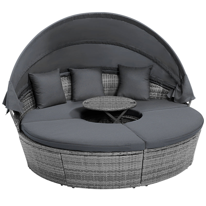 Costway - Outdoor PE Wicker Round Daybed with Retractable Canopy and Cushions-Gray
