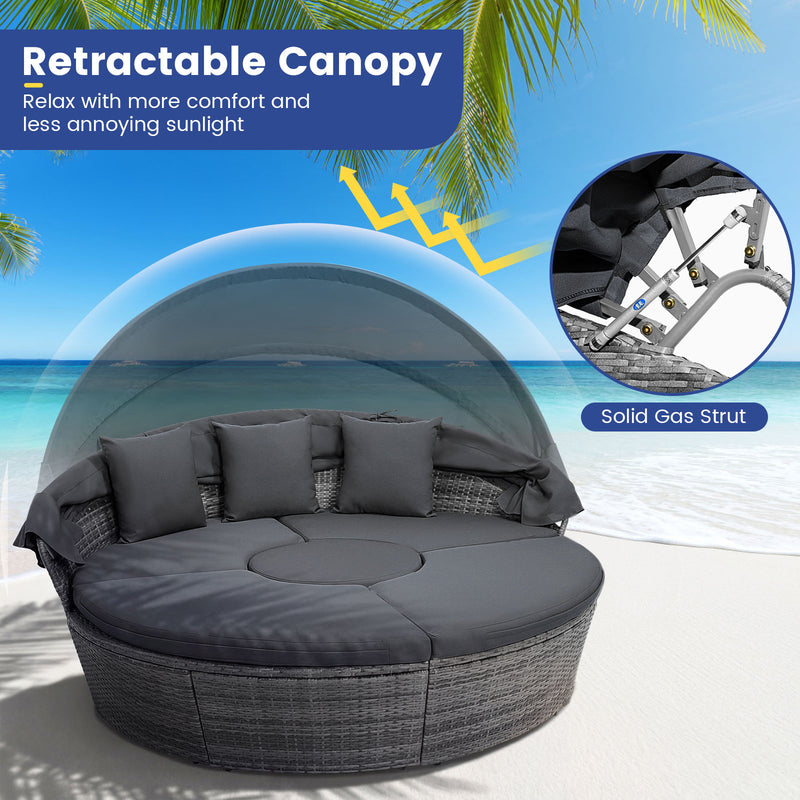 Costway - Outdoor PE Wicker Round Daybed with Retractable Canopy and Cushions-Gray