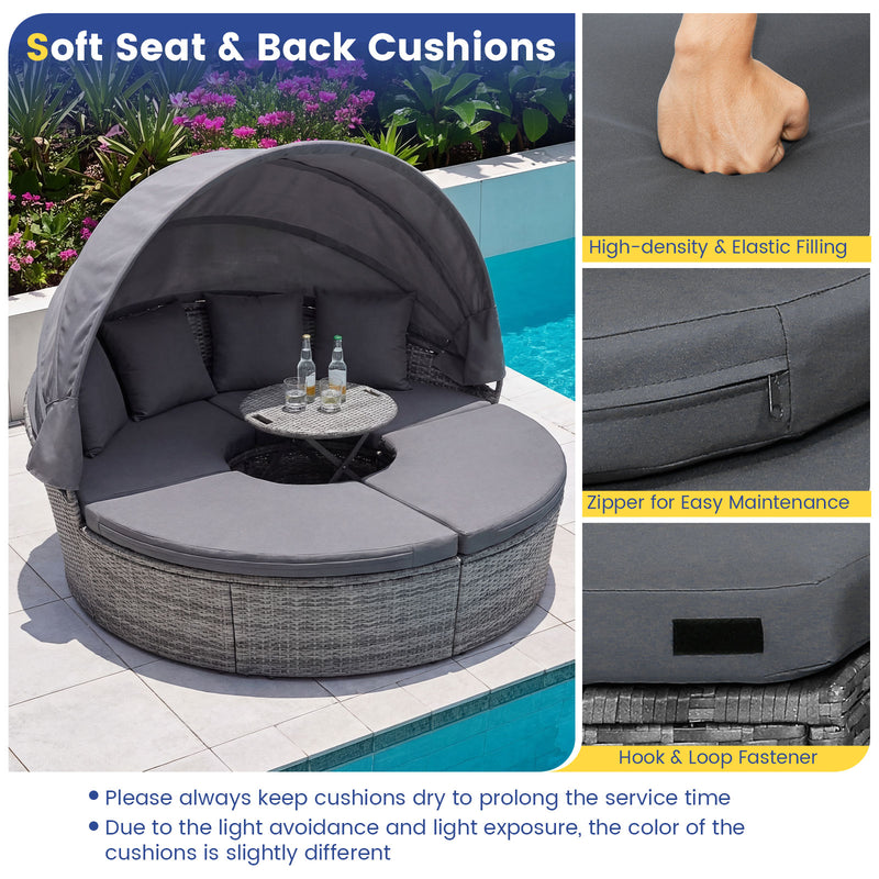 Costway - Outdoor PE Wicker Round Daybed with Retractable Canopy and Cushions-Gray