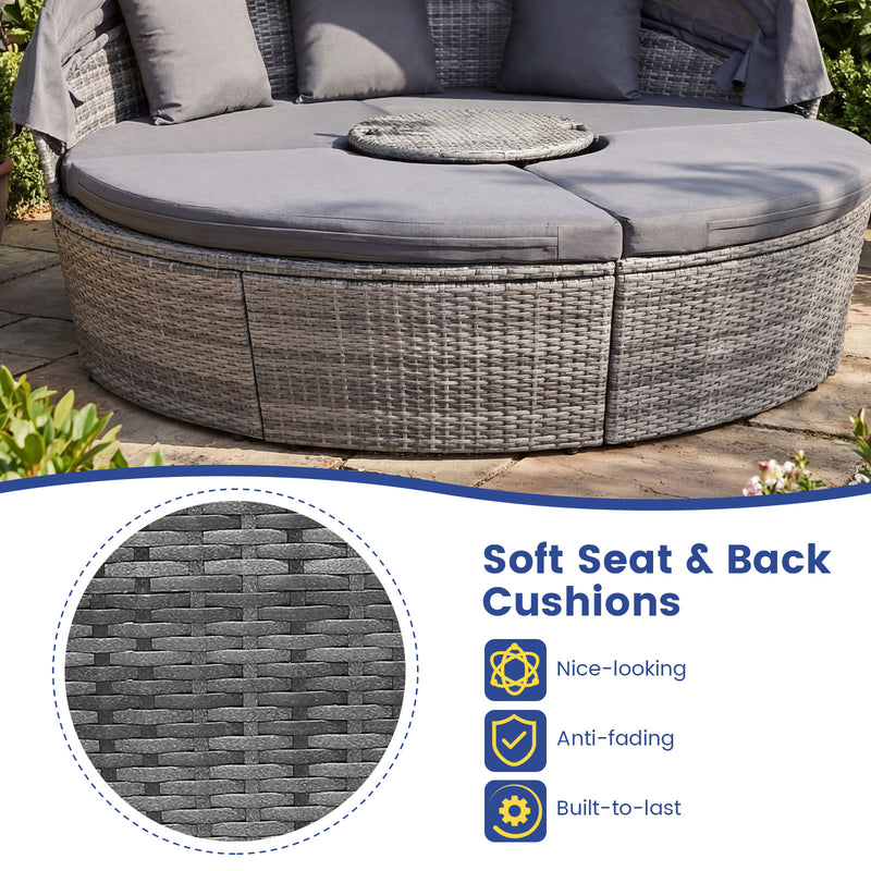 Costway - Outdoor PE Wicker Round Daybed with Retractable Canopy and Cushions-Gray