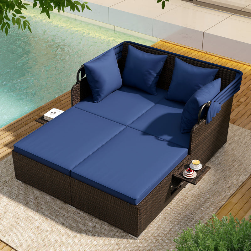 Costway - Outdoor Patio Rattan Daybed with Retractable Canopy and Side Tables-Navy