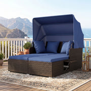 Costway - Outdoor Patio Rattan Daybed with Retractable Canopy and Side Tables-Navy