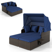 Costway - Outdoor Patio Rattan Daybed with Retractable Canopy and Side Tables-Navy