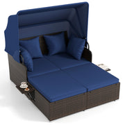 Costway - Outdoor Patio Rattan Daybed with Retractable Canopy and Side Tables-Navy