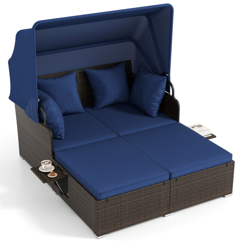 Costway - Outdoor Patio Rattan Daybed with Retractable Canopy and Side Tables-Navy