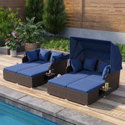 Costway - Outdoor Patio Rattan Daybed with Retractable Canopy and Side Tables-Navy