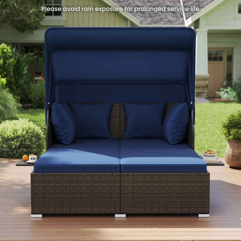 Costway - Outdoor Patio Rattan Daybed with Retractable Canopy and Side Tables-Navy