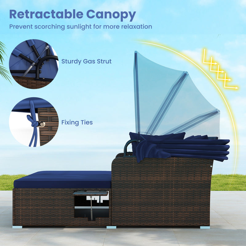 Costway - Outdoor Patio Rattan Daybed with Retractable Canopy and Side Tables-Navy
