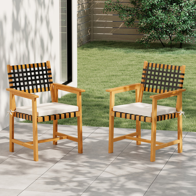 Costway - Outdoor Wooden Dining Chair Set of 2 with Armrests and Curved Back-White