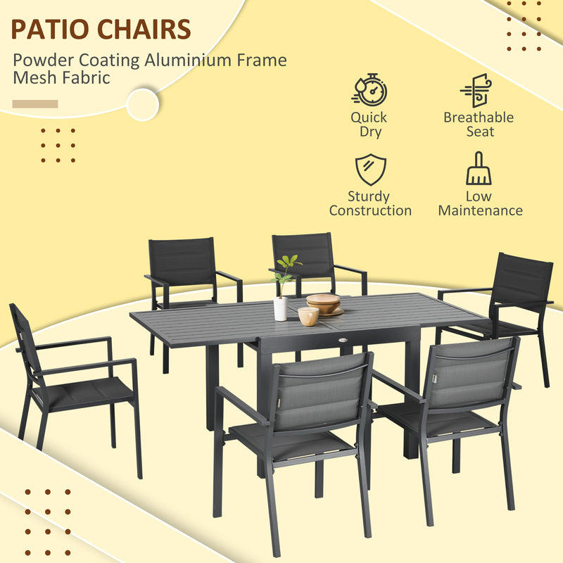 Outsunny - Patio Dining Set for 6, Aluminum Expandable Outdoor Table and 6 Stackable Chairs with Padded Back, Mesh Seat, Dark Grey